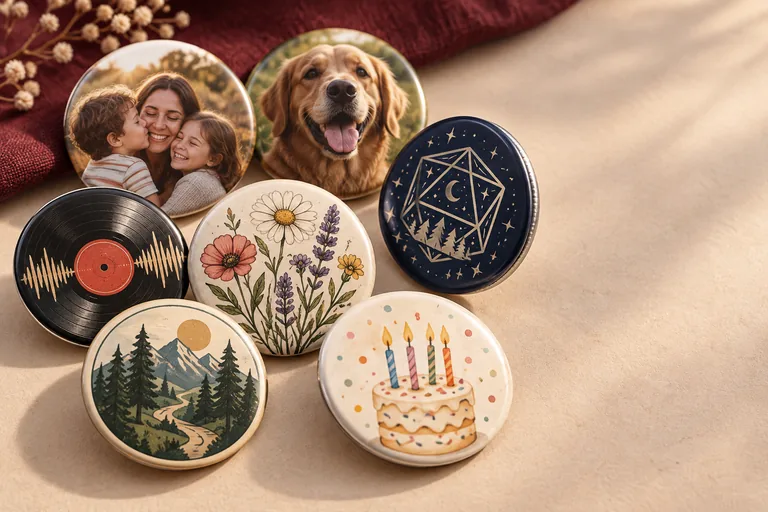 Coleção de Botons personalizados com família, pet, RPG, música, flores, comunidade e aniversário