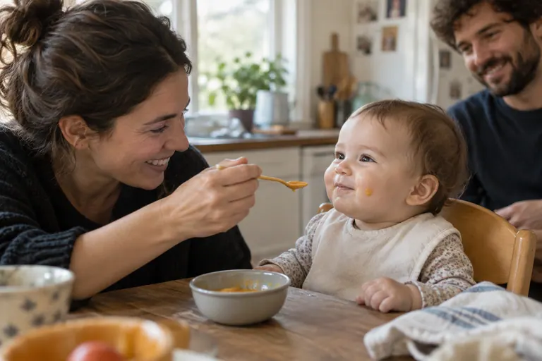 Bebê sorrindo durante uma das primeiras refeições em família; estudo visual