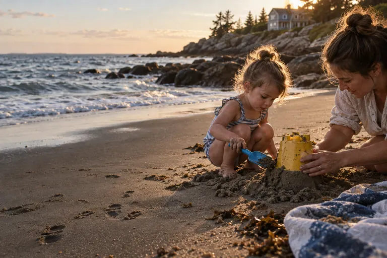 Criança construindo um castelo de areia com um familiar, baldinho e pazinha; estudo visual