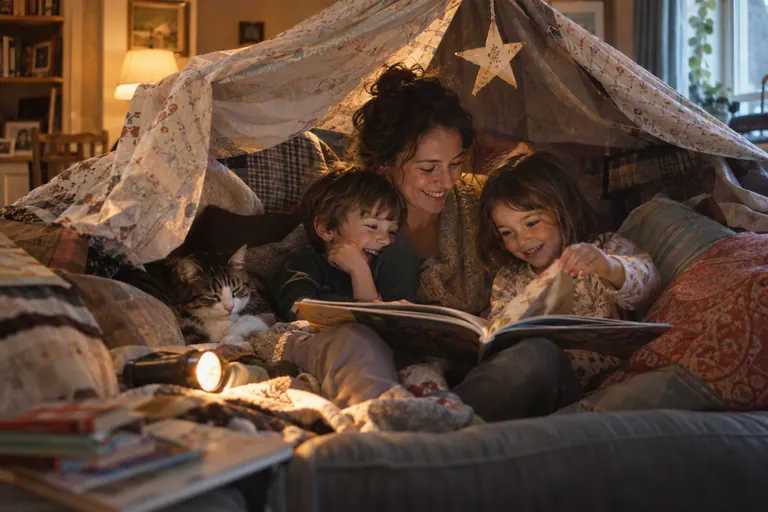 Família lendo dentro de uma cabaninha de cobertores com o gato; estudo visual