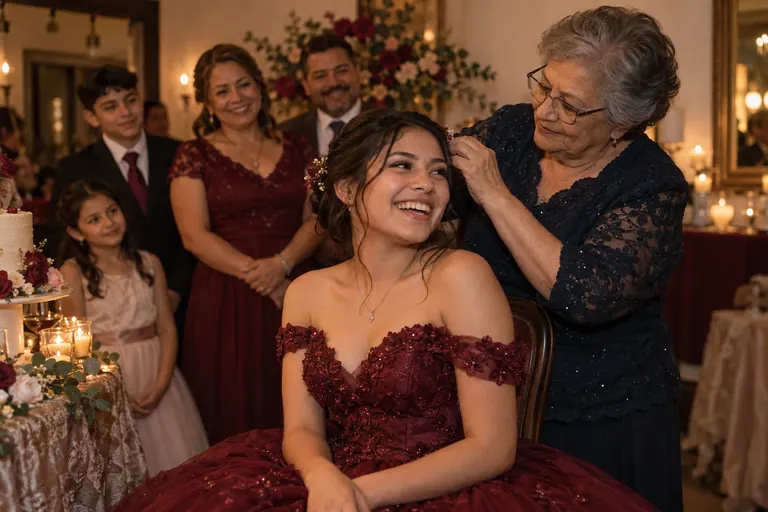 Avó arrumando o cabelo da neta em sua festa de 15 anos; estudo visual