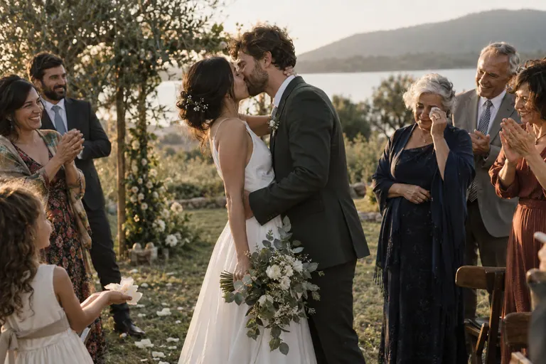 Casal se beijando após cerimônia íntima enquanto a família celebra; estudo visual